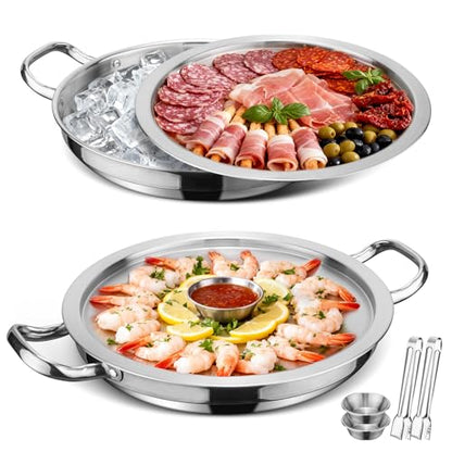 2-Set 12 Inch Shrimp Cocktail Serving Dish with Ice Tray, Cold Chilled Serving Trays, Cooling Platter Charcuterie Board for Appetizer Oyster Salad Buffet Parties, Dishwasher Safe, Stainless Steel - size: 2-Set