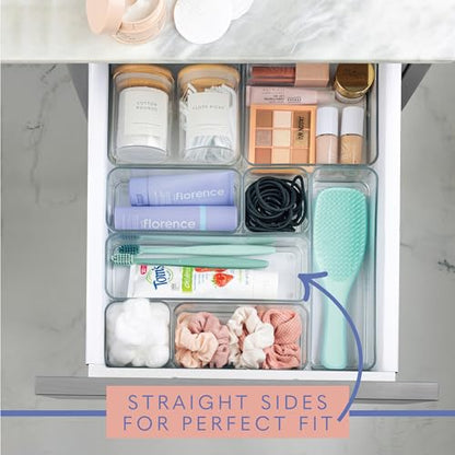 primebox Plastic Clear Acrylic Drawer Organizers. Bathroom, Kitchen, Bedroom, Utensils, Office Organizer Bins, Storage Trays. Heavy Duty, Stackable. 9" x 2" x 2" Set of 6 - size: 9" x 2" x 2"