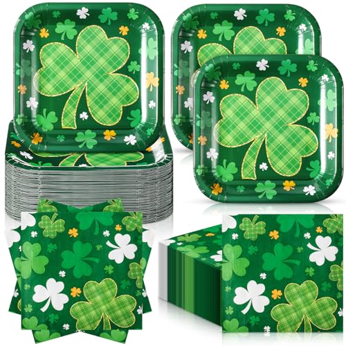 Zhehao 72 Pcs St. Patrick's Day Plates and Napkins Set Serve 36, 7" Square Shamrock Paper Dessert Plates and Napkins Green Clover Disposable Dinnerware Decoration for Irish Festival Party Supplies - style: St. Patrick's Day