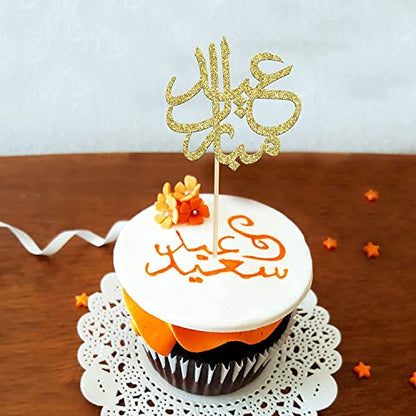 Confetti! 24Pcs Gold Glitter Eid Mubarak Cupcake Toppers Arabic Happy Eid Ramadan Kareem Cake Decorations Islamic Muslim Party Supplies Decorations