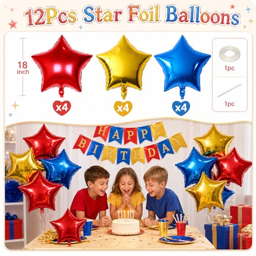 Blue Red Gold Foil Balloons Star 12 Pcs, 18 Inch Large Metallic Royal Blue Red and Chrome Yellow Star Shaped Helium Balloons for Kids Birthday Soccer Sport Themed Graduation Baby Shower Fathers Day - color: Blue Red Gold