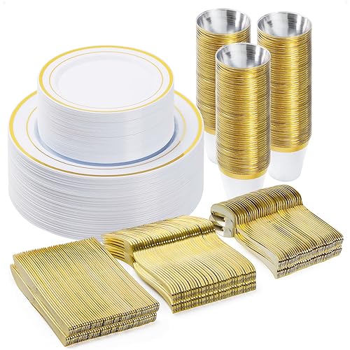 BESTVIP 300PCS Plastic Dinnerware Set, Gold Disposable Plates - color: Gold, size: 50 Guests