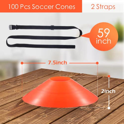 Kenning 100 Pcs Soccer Agility Cones with 2 Strap, Orange Disc Cones | 7.5 Inch Sports Training Field Marker Athletic Cones for Football Basketball Indoor Outdoor Practice