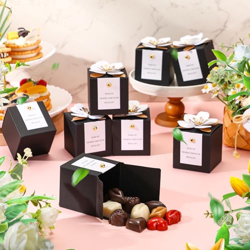 Affrolling 50 Pcs Wedding Favor Boxes with Thanks Card Square Flower Candy Boxes Paper Bridal Gift Box for Guests Wedding Bridal Shower Birthday Party Anniversary(Black) - color: Black