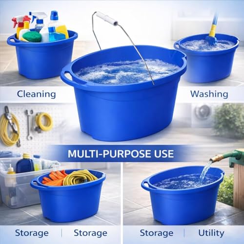 12 Quart Oval Utility Bucket, Blue Plastic Open Top Container for Cleaning Supplies, Washing, Storage, Household Tasks & General Use, 1 Pack