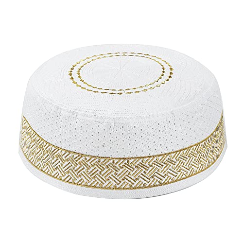 RUIXIA Men Boys Muslim Prayer Kufi Hat Skull Cap Embroidery Islam Kufi Headware takke Praying Beanie Hat Kofia Topi Hat - color: Yellow-adult