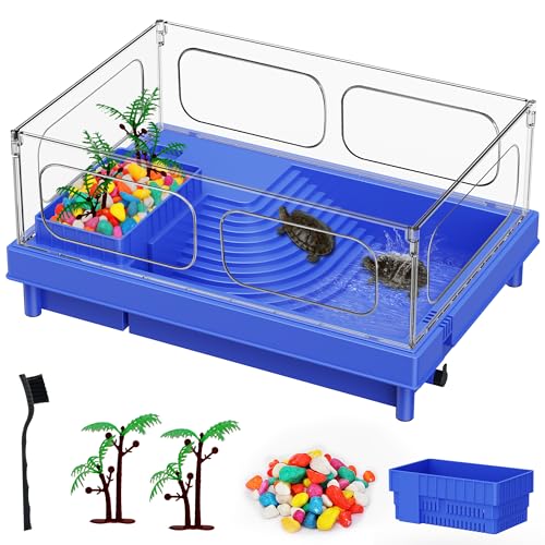 Small Turtle Tank for Baby Turtles with Basking Platform and Bottom Drain | Blue Clear-Panel Habitat, Lightweight Starter Aquarium for Red-Eared Sliders, Crabs and Small Reptiles - color: Blue, size: Tank Only