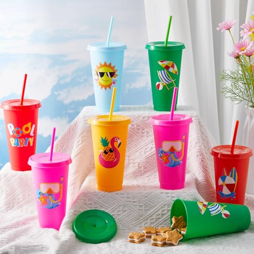 Chuangdi 12 Pcs Beach Pool Party Plastic Cups with Lids and Straws 24 oz Summer Luau Swimming Pool Themed Tumblers Drinking Cups for Beach Ball Hawaii Holiday Gifts Birthday Party Decorations Favors - style: Pool