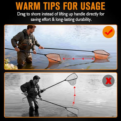 Rubber Fishing Landing Nets Telescopic Handle Nets Folding Nets with Collapsible Handle for Catch & Release Fishing Gift 17.6" dia-13.7" Depth Black/Orange - color: Black
