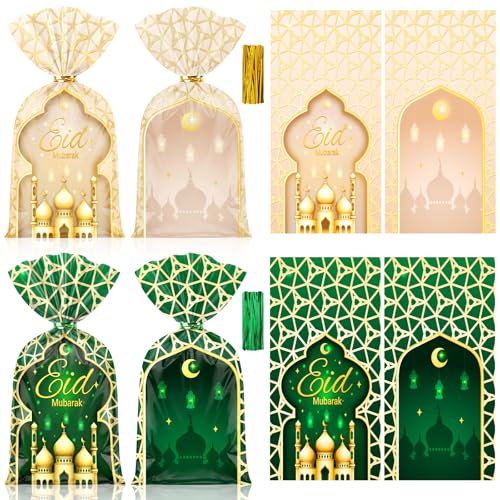 Yexiya 100 Pcs Eid Mubarak Gift Bags Reusable Plastic Ramadan Goodie Candy Treat Bags Islam Muslim Castle Moon Star Printed with Twist Ties for Eid Mubarak Gifts Party Decoration (Green and White) - color: Green and White