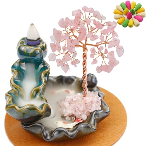 Dreamgirnh Backflow Incense Holder, Waterfall Incense Burner, Gemstone Money Tree Home Living Room Decorations Office Accessories for Women, Mothers Day Mom Gifts (Rose Quartz) - color: Rose Quartz Burner