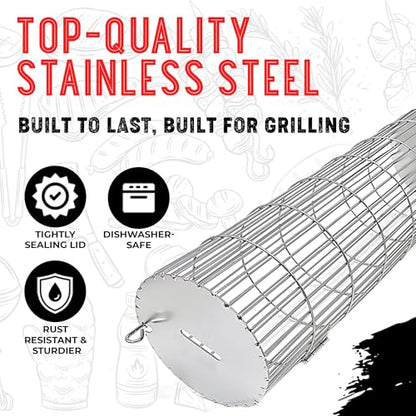 Rolling Grill Basket, Removable Wooden Handle, Extra Sturdy Cylinder Grilling Basket, Food Grade Stainless Steel, Portable Outdoor Camping accessories BBQ Net Rack, Cooking Griller for Fish, Vegetables, and More - Gifts for Men Dad Husband - Set of 2
