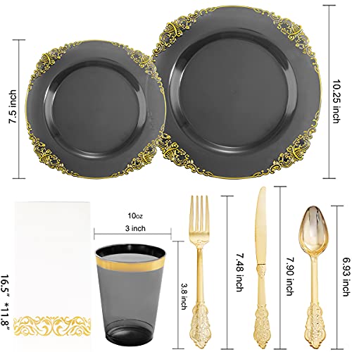 Nervure 175pcs Clear Black Plastic Plates - Gold Plastic Dinnerware Set for 25 Guests include 50 Disposable Plates,75 Gold Silverware,25 Cups,25 Napkins Perfect for Party&Independence Day - color: Black, style: 175Pcs(25Guests)