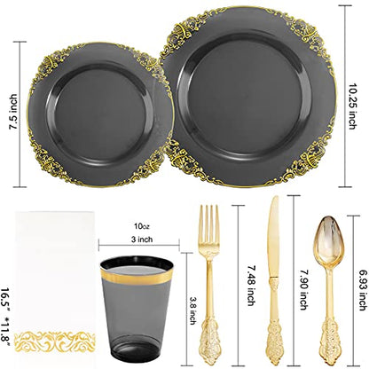 Nervure 175pcs Clear Black Plastic Plates - Gold Plastic Dinnerware Set for 25 Guests include 50 Disposable Plates,75 Gold Silverware,25 Cups,25 Napkins Perfect for Party&Independence Day - color: Black, style: 175Pcs(25Guests)