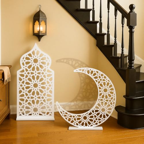 Sintuff 2 Pack Large Wooden Ramadan Decor Islamic Eid Mubarak 3ft Crescent Moon & 4ft Mosque Dome White Floor Decor for Room Entrances Ramadan Kareem Gift Party Home Decoration, Lights Not Included