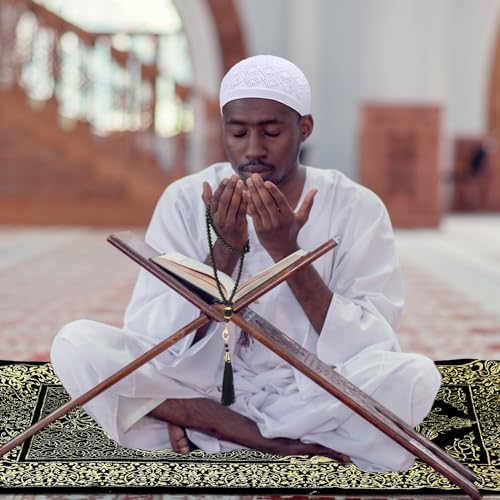 Mindsoft 10 Pcs Muslim Prayer Rug Islamic Prayer Mat with Kufi Hats Prayer Cap, Muslim Tasbih Prayer Beads, Portable Compass and Storage Bags for Men Women Kids Ramadan Eid Travel Gifts Black, Gold