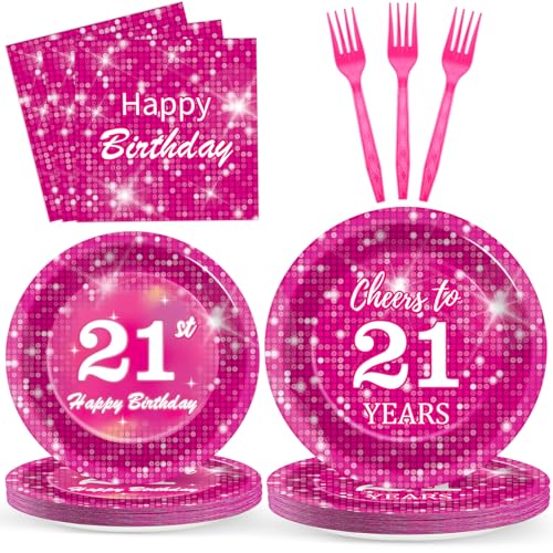 96 Pcs Hot Pink Disco Birthday Party Plates Napkins Tableware Set Pink 21th Supplies Disposable Dinnerware Happy 21 Years Old Decoration Favors for 21th Disco Theme Party Favor, 24 Guests - style: Hot Pink 21th