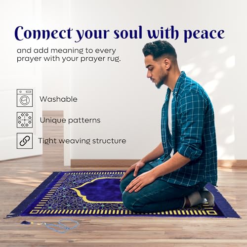 Muslim Prayer Rug, Soft Plush Thin Islamic Prayer Mat, Janamaz, Sajada, Praying Carpet, Islamic Gift, Foldable Portable Turkish Prayer Mat for Men&Women, Lightweight Travel Prayer Rug, 26"x43" - color: Riyadh / Navy