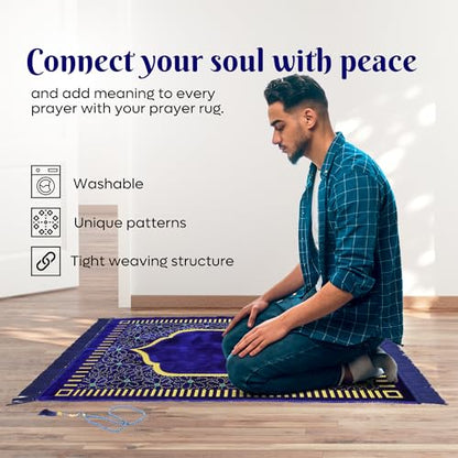 Muslim Prayer Rug, Soft Plush Thin Islamic Prayer Mat, Janamaz, Sajada, Praying Carpet, Islamic Gift, Foldable Portable Turkish Prayer Mat for Men&Women, Lightweight Travel Prayer Rug, 26"x43" - color: Riyadh / Navy