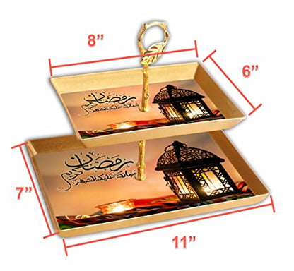 Eid Mubarak Two-Tier Serving Tray Set - Food Serving Platter for Fruits, Dates, Desserts (8”x6” & 11”x7”) - color: Rect