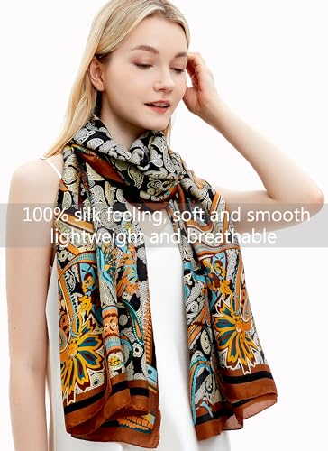 Women Silk Scarves Long Satin Lightweight Outdoor Shawl Wraps Printed Head Scarf 70''X35'' - color: 103-black/Orange
