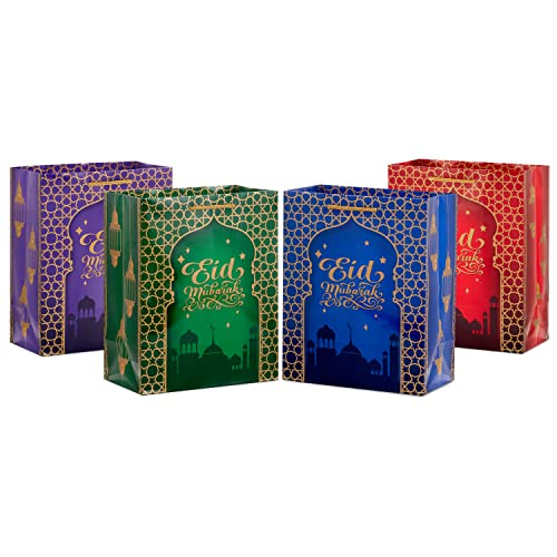 Hallmark 9" Medium Eid Gift Bag Bundle (4 Bags: Eid Mubarak with Stars and Skyline) in Red, Blue, Green, Purple