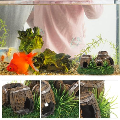 Kisangel Wine Barrel Aquarium Ornament Resin Fish Tank Decoration with Hideout Cave for Fish and Shrimp Shelter 2.36X3.35X2.36 Inch Rustic Aquarium Decor