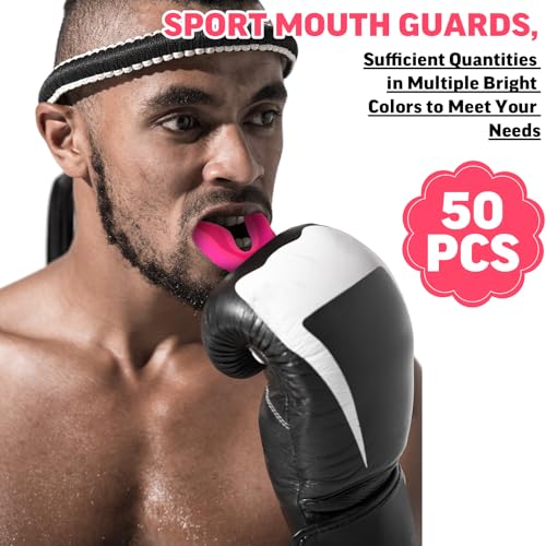Frienda 50 Pcs Football Mouth Guards Bulk Youth Football Mouthpiece Sports Athletic Mouthguard Teeth Guard for Hockey Karate Basketball Boxing Lacrosse Rugby - color: Pink,white