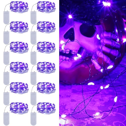 WATERGLIDE 12 Pack Halloween Fairy Lights Battery Operated (Included), 7 ft 20 LED Mini Firefly Starry String Lights, Waterproof Black Wire Light for DIY Mason Jar Table Halloween Decor, Purple - color: Purple