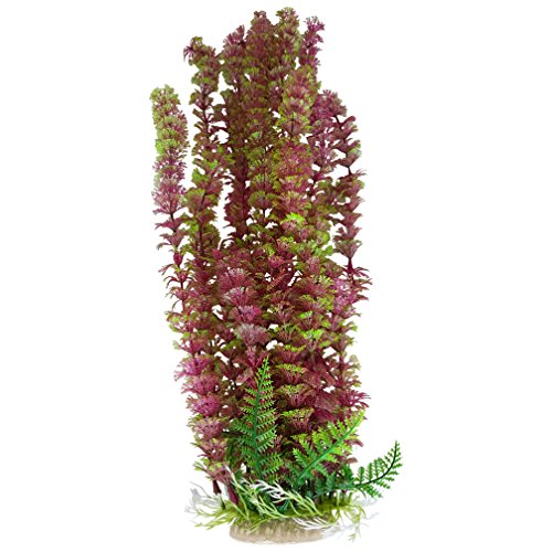 Green & Burgundy 16 Inch (41-43cm) Tall Plastic Aquarium Plant with Base, Fish Tank Foliage Ornament | Tall Plastic Seaweed Aquascaping Decoration