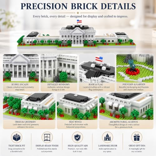 White House Micro Building Block Set 3000 Pcs Washington DC Architecture Model Kit for Adults & Teens US Historic Landmark Home Office Desk Decor Display Souvenir Gift - style: White House