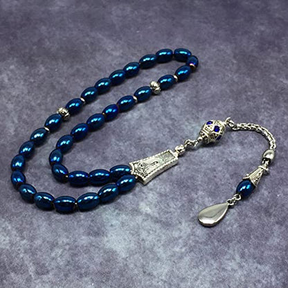 -Gentle Men Collection- Prayer Beads-Worry Beads-Tesbih-Tasbih-Tasbeeh-Misbaha-Masbaha-Subha-Sebha-Rosary (Non-Magnetic Blue Drum Hematite -6x9 mm- 33 Beads) - color: Non-Magnetic Blue Drum Hematite -6x9 mm- 33 Beads