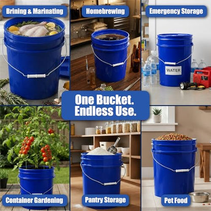 5 Gallon Bucket - Food Grade w/Lid BPA-Free, Blue/White, 3 | Airtight Gamma Seal Screw-On Lid, Heavy-Duty 90 Mil HDPE Plastic, Food Safe and Durable Container, Bulk Storage, Made in USA - color: Blue/White, size: 3 Packs