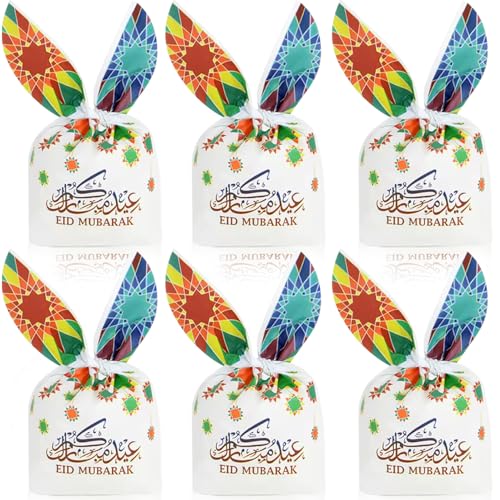 KTBANBANNEY 100 Pcs Eid Mubarak Plastic Gift Bags Ramadan Kareem Rabbit Ear Shape Candy Goodie Bags Snack Wrap For Muslim Islamic Festival Party Decorations - color: White EID Word