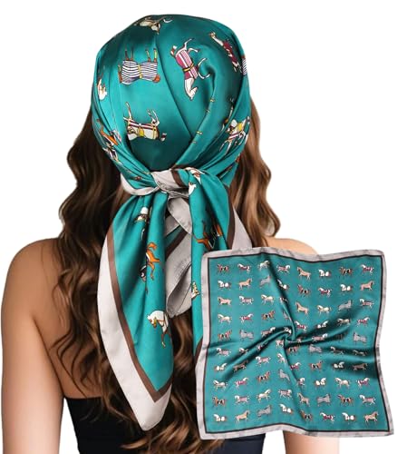 Sumolux Head Hair Scarf for Women Like Satin Silk Scarf Bandana Hair Wrapping Night Large Square Scarves 27.5" - color: Green Pony