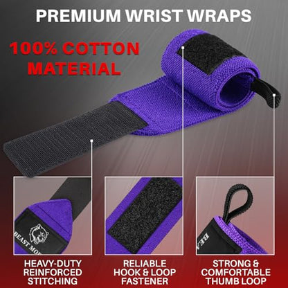 TECEUM Weightlifting 18" & 12" Wrist Wraps with Thumb Loop – Heavy Duty Wrist Workout Braces for Men and Women – Ideal for Powerlifting, Strength Training, Bodybuilding - color: Purple, style: 12" – Beast Mode