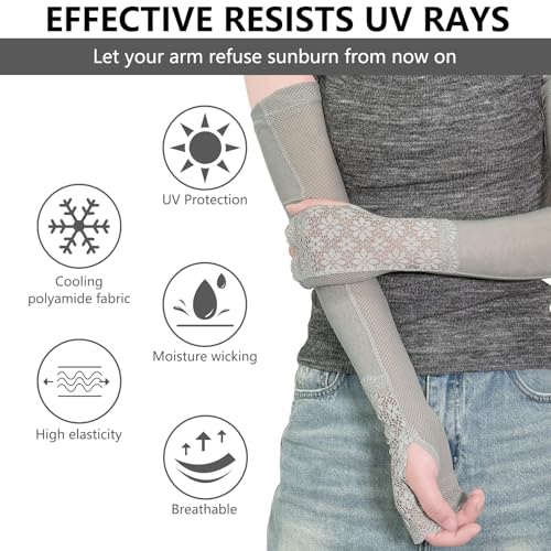 Lace Ice Arm Sleeves for Women Sleeves to Cover Arms for Women, Sun Protection UV Sleeve for Outdoor Activities, Driving and Summer Fashion Grey