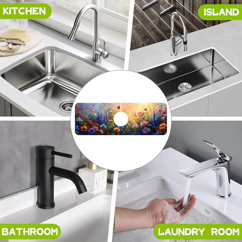 Kitchen Sink Splash Guard Faucet Mat Super Absorbent Fast Drying Mat Guard Behind Faucet Drip Catcher for Kitchen Bathroom (Flowers Bees in the Garden, 23.5"X5.5")