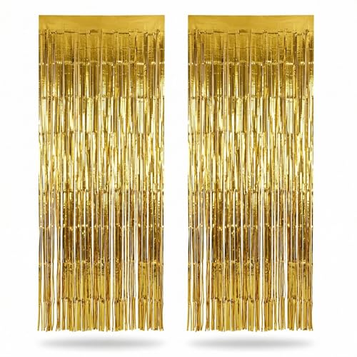 2 Pack Gold Foil Fringe Curtain Backdrop 3ft x 8ft Each – Gold Tinsel Backdrop, Streamer Curtain, Shiny Photo Booth Background for Birthday, Wedding, Baby Shower, Graduation, New Years Party Decor - color: Metallic Gold
