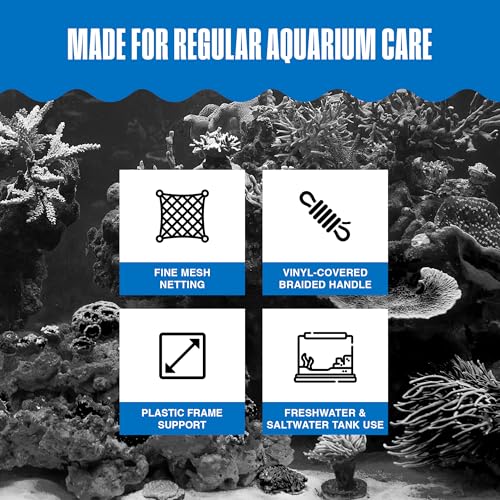 Penn-Plax Quick-Net Aquarium Fish Net - 5 x 4 in Fine Mesh, 16 in Vinyl-Covered Braided Long Handle - Small Aquarium Cleaning Tool for Gentle Fish Handling - Use in Freshwater & Saltwater Tanks - Blue - color: Blue, size: 5" Net - 16" Handle