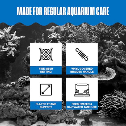 Penn-Plax Quick-Net Aquarium Fish Net - 5 x 4 in Fine Mesh, 16 in Vinyl-Covered Braided Long Handle - Small Aquarium Cleaning Tool for Gentle Fish Handling - Use in Freshwater & Saltwater Tanks - Blue - color: Blue, size: 5" Net - 16" Handle