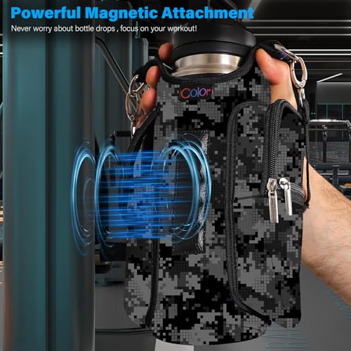 icolor Magnetic Gym Bag Water Bottle Carrier Holder with Phone Pockets & Shoulder Strap,Gym Magnetic Bag 5 Built-in Magnets Gym Accessories Organizer Sling Bottle Bag Pouch Sleeve - color: Camouflage