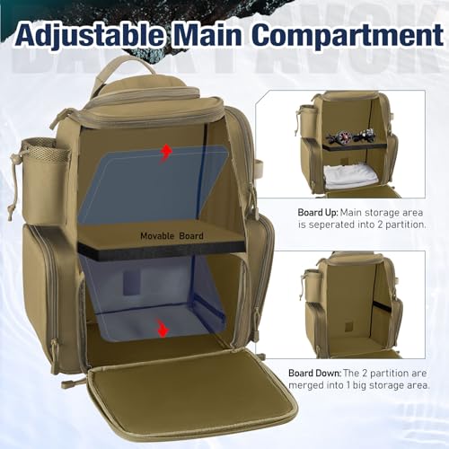 Piscifun Fishing Tackle Backpack with 2 Rod Holders, 4 Boxes & Rain Cover | Multi-pocket storage, fits 3600/3700 trays, bottle holder, padded straps for bank fishing - color: Khaki