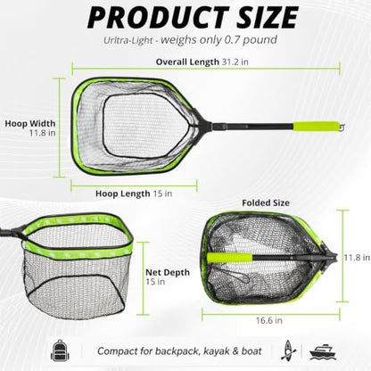 Floating Fishing Net for Fly Fishing, Foldable Landing Net | 31.2" Length, 15"x11.8" Hoop, Fish Net with Rubber Coated Polyethylene Mesh for Bass, Trout, Kayak & Boat Fishing - color: Green