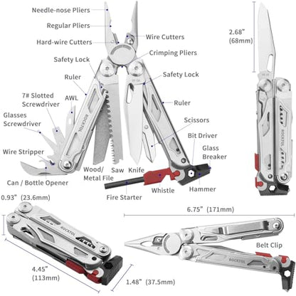 ROCKTOL Multitool SK04, VG-10 Blade, 22-in-1 Multi-tool Pliers with Fire Starter, Emergency Whistle, Glass Breaker, Safety Locking and Nylon Sheath for Survival, Camping, multi tool for men