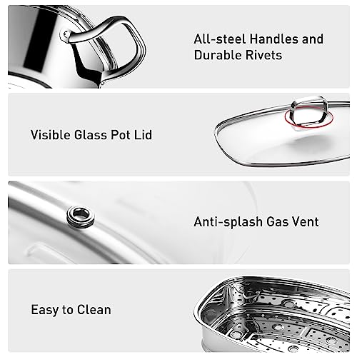 Eglaf 2-Tier Stainless Steel Fish Steamer - Multi-Use Square Steaming Cookware with Rack, Ceramic Plate, Chuck, Oven Mitts - Stockpot for Steaming Fish, Boiling Soup | Multi-Use Steaming with Rack, Ceramic Plate, Chuck, Oven Mitts, Stockpot for Steaming F