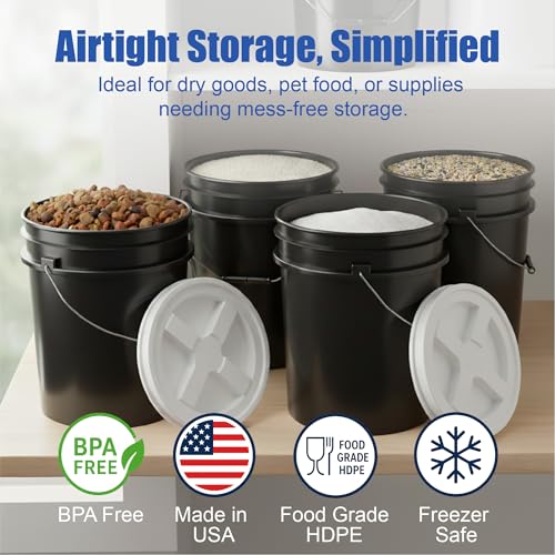 5 Gallon Bucket - Food Grade w/Lid BPA-Free, Black/White, 6 | Airtight Gamma Seal Screw-On Lid, Heavy-Duty 90 Mil HDPE Plastic, Food Safe and Durable Container, Bulk Storage, Made in USA - color: Black/White, size: 6 Packs