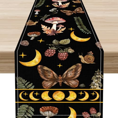 Moth Moon Table Runner, Farmhouse Mushroom Moth Moon Print Linen Coffee Table Center Decor for Family Kitchen Farmhouse Holiday Party Table Decorations Indoor Outdoor 13x36 inch - color: Fmoon-7, size: 13x36" Table Runner