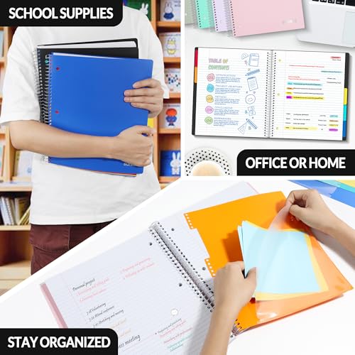 SUNEE 5 Subject Notebook College Ruled - 400 Pages, 9"x11", 5 Pocket Colored Dividers, 3-Hole Punched Paper, Black - color: Black, style: College Ruled