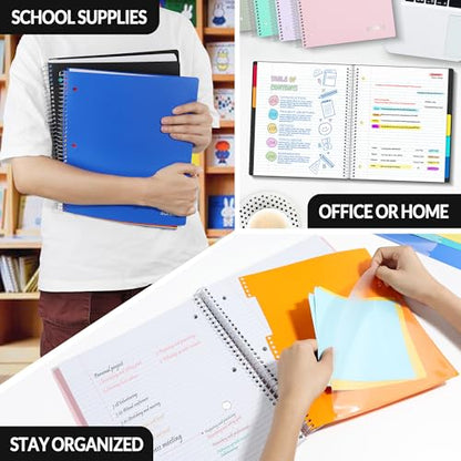 SUNEE 5 Subject Notebook College Ruled - 400 Pages, 9"x11", 5 Pocket Colored Dividers, 3-Hole Punched Paper, Black - color: Black, style: College Ruled